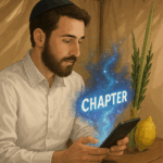 גיבור תמונה של בחור דתי, יושב בתוך סוכה וקורא ספר דיגיטלי שבוקע ממנו המילה Chapter בצורה מיוחדת וקוסמית.
