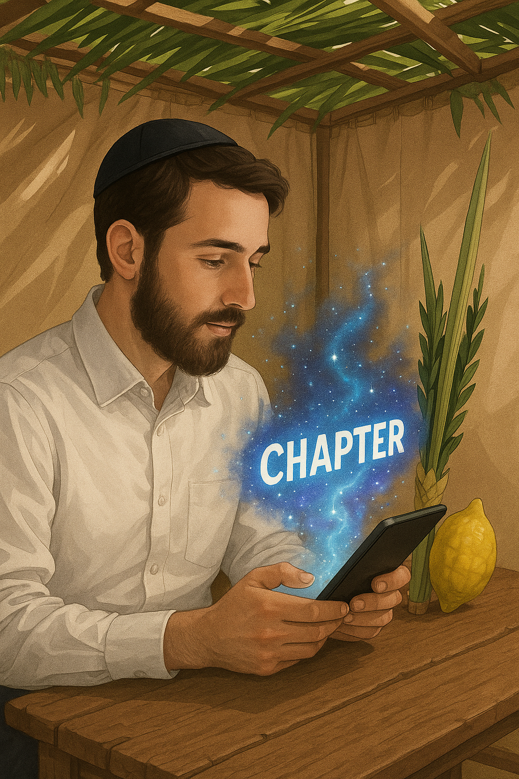 תמונה של בחור דתי, יושב בתוך סוכה וקורא ספר דיגיטלי שבוקע ממנו המילה Chapter בצורה מיוחדת וקוסמית.