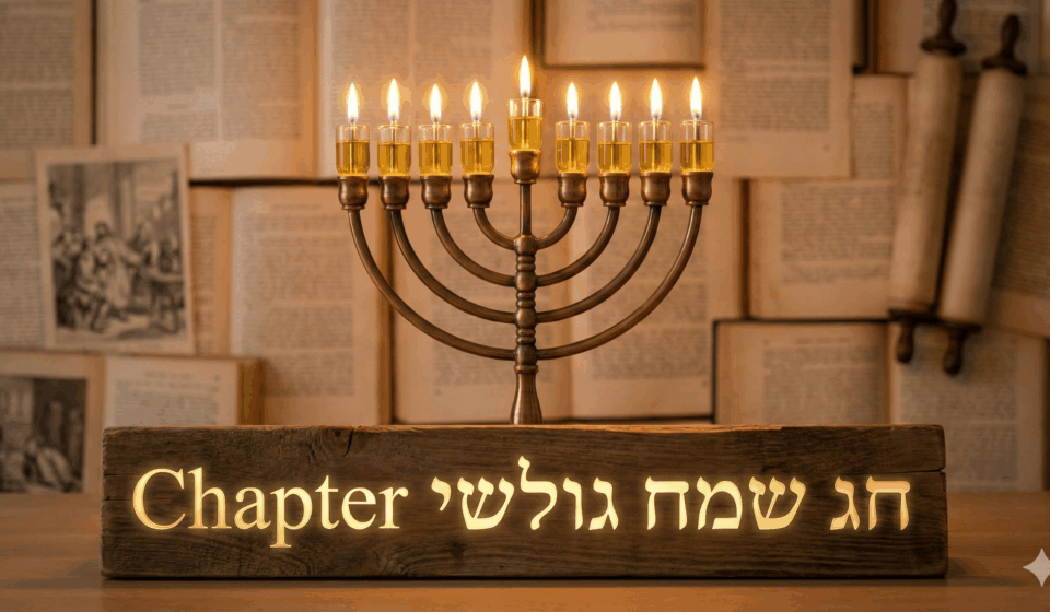 תמונה של חנוכיה ועליה כתוב חג שמח גולשי chapter - נוצר על ידי ai