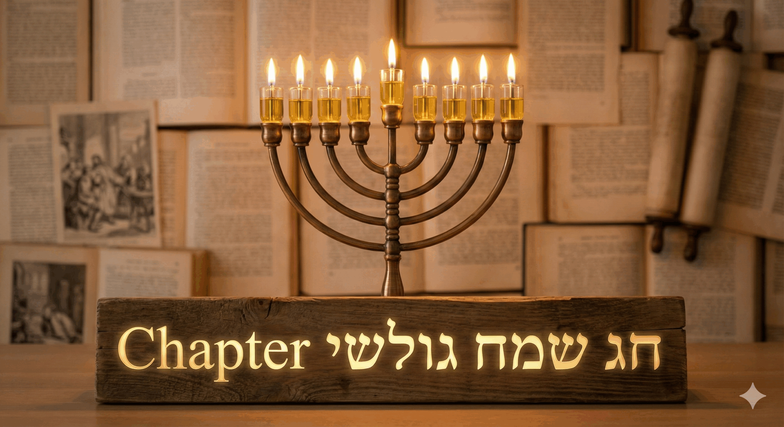 תמונה של חנוכיה ועליה כתוב חג שמח גולשי chapter - נוצר על ידי ai