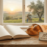 מגדל שמירה שולחן שבת חגיגי ועליו חלות, נרות דולקים וספר פתוח, לצד שלט המאחל "שבת שלום" לקהילת Chapter. ברקע נשקף נוף שטוף אור עם דמויות מחובקות המביטות אל האופק, בתמונה המשלבת תחושת בית, תקווה והתחדשות. נוצר על ידי ai