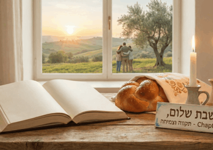 שולחן שבת חגיגי ועליו חלות, נרות דולקים וספר פתוח, לצד שלט המאחל "שבת שלום" לקהילת Chapter. ברקע נשקף נוף שטוף אור עם דמויות מחובקות המביטות אל האופק, בתמונה המשלבת תחושת בית, תקווה והתחדשות. נוצר על ידי ai