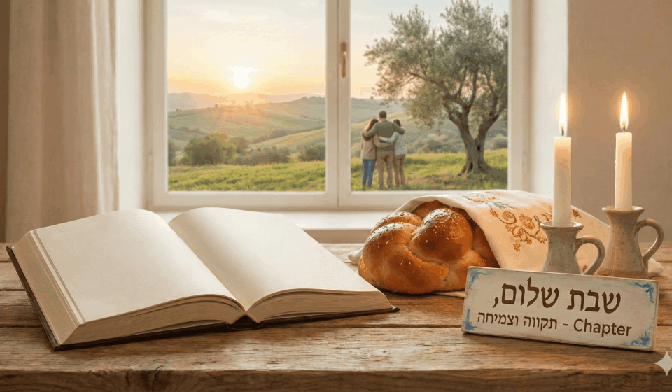 שולחן שבת חגיגי ועליו חלות, נרות דולקים וספר פתוח, לצד שלט המאחל "שבת שלום" לקהילת Chapter. ברקע נשקף נוף שטוף אור עם דמויות מחובקות המביטות אל האופק, בתמונה המשלבת תחושת בית, תקווה והתחדשות. נוצר על ידי ai