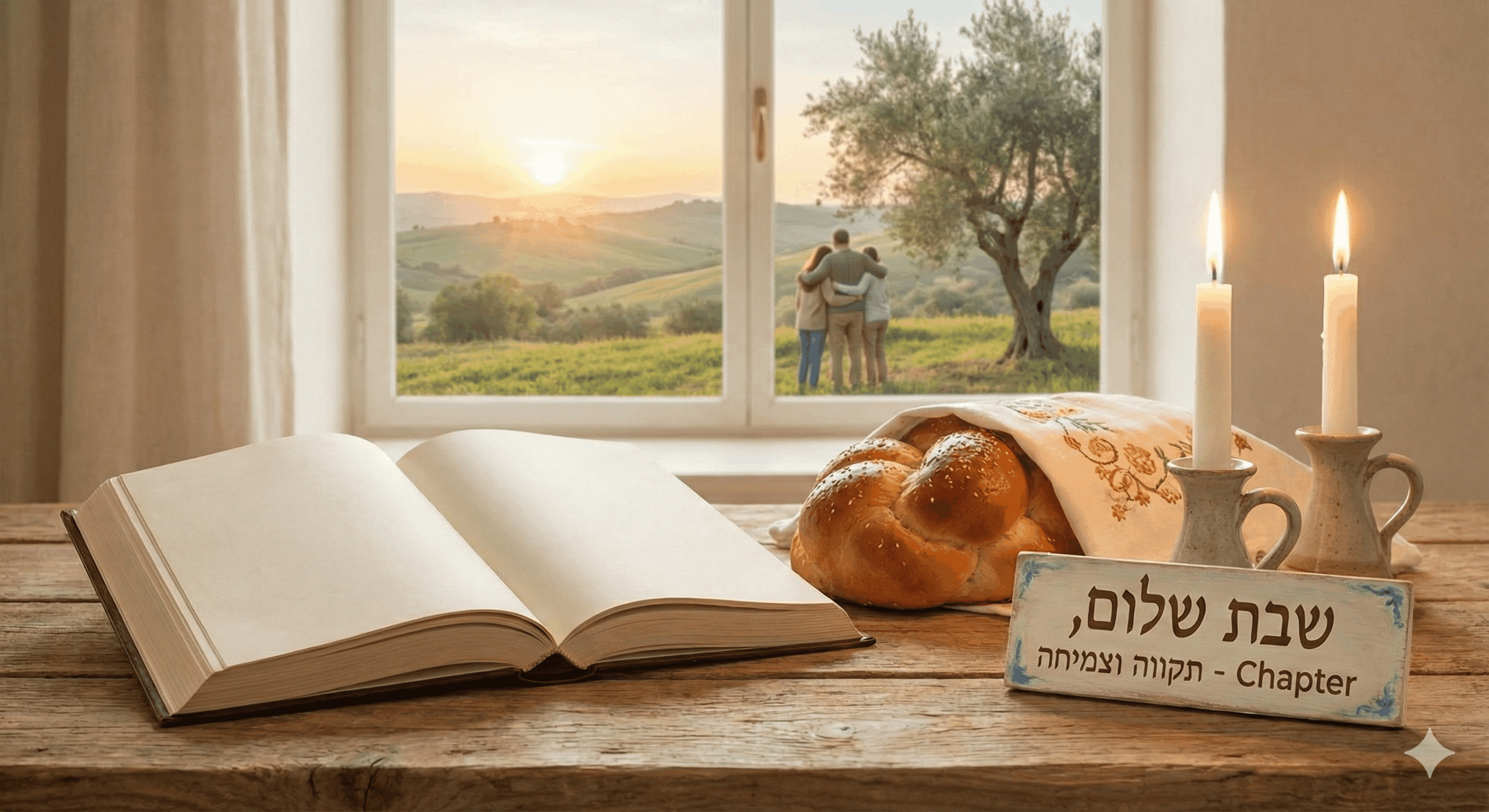 שולחן שבת חגיגי ועליו חלות, נרות דולקים וספר פתוח, לצד שלט המאחל "שבת שלום" לקהילת Chapter. ברקע נשקף נוף שטוף אור עם דמויות מחובקות המביטות אל האופק, בתמונה המשלבת תחושת בית, תקווה והתחדשות. נוצר על ידי ai