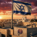 דגל ישראל מתנוסס ברקע עם סממנים יהודיים וסמל האתר chapter התמונה נוצרה על ידי בינה מלאכותית