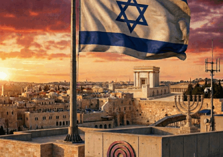 Chapter כאן, יחד אתכם דגל ישראל מתנוסס ברקע עם סממנים יהודיים וסמל האתר chapter התמונה נוצרה על ידי בינה מלאכותית