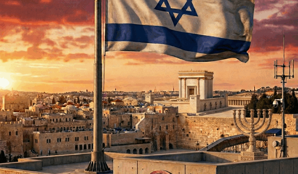 דגל ישראל מתנוסס ברקע עם סממנים יהודיים וסמל האתר chapter התמונה נוצרה על ידי בינה מלאכותית