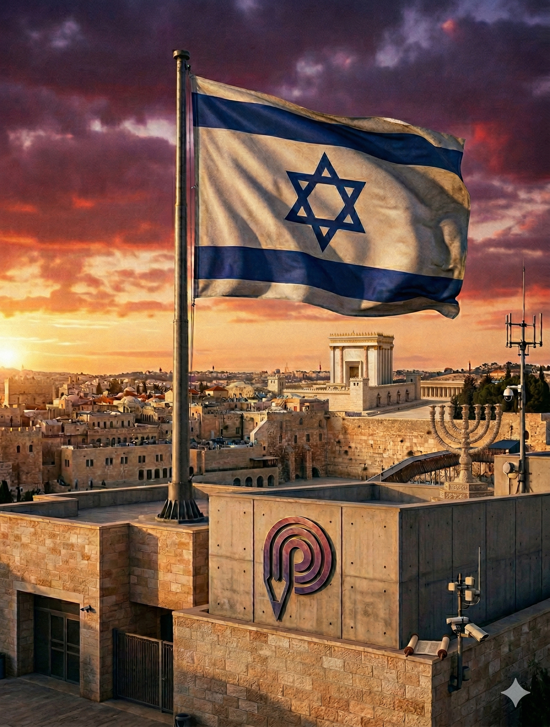 דגל ישראל מתנוסס ברקע עם סממנים יהודיים וסמל האתר chapter התמונה נוצרה על ידי בינה מלאכותית