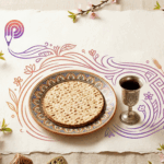 תמונת אווירה לפסח על רקע נייר קלף בהיר. במרכז מונחת מצה על צלחת מעוטרת, ולצידה גביע כסף עם יין אדום. את הקומפוזיציה ממסגרים ענפי פריחה אביבית ורודה. מהלוגו של Chapter, המעוצב כקצה של עיפרון, יוצאים קווי איור זורמים בגווני סגול וכתום העוטפים באלגנטיות את סמלי החג. נוצר על ידי ai