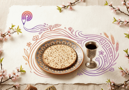 חג פסח שמח לכל גולשי Chapter תמונת אווירה לפסח על רקע נייר קלף בהיר. במרכז מונחת מצה על צלחת מעוטרת, ולצידה גביע כסף עם יין אדום. את הקומפוזיציה ממסגרים ענפי פריחה אביבית ורודה. מהלוגו של Chapter, המעוצב כקצה של עיפרון, יוצאים קווי איור זורמים בגווני סגול וכתום העוטפים באלגנטיות את סמלי החג. נוצר על ידי ai