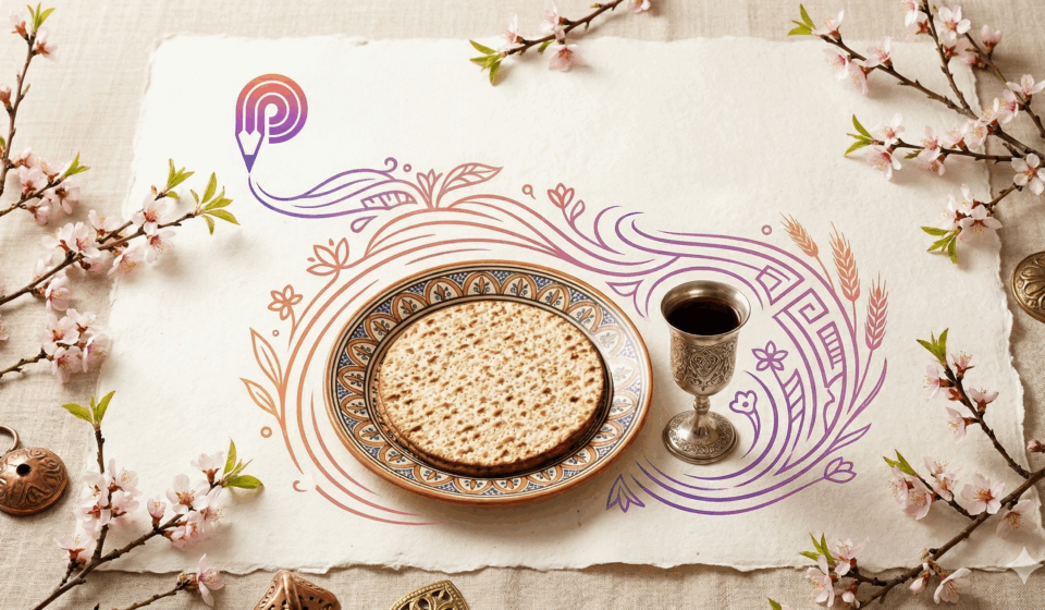 תמונת אווירה לפסח על רקע נייר קלף בהיר. במרכז מונחת מצה על צלחת מעוטרת, ולצידה גביע כסף עם יין אדום. את הקומפוזיציה ממסגרים ענפי פריחה אביבית ורודה. מהלוגו של Chapter, המעוצב כקצה של עיפרון, יוצאים קווי איור זורמים בגווני סגול וכתום העוטפים באלגנטיות את סמלי החג. נוצר על ידי ai