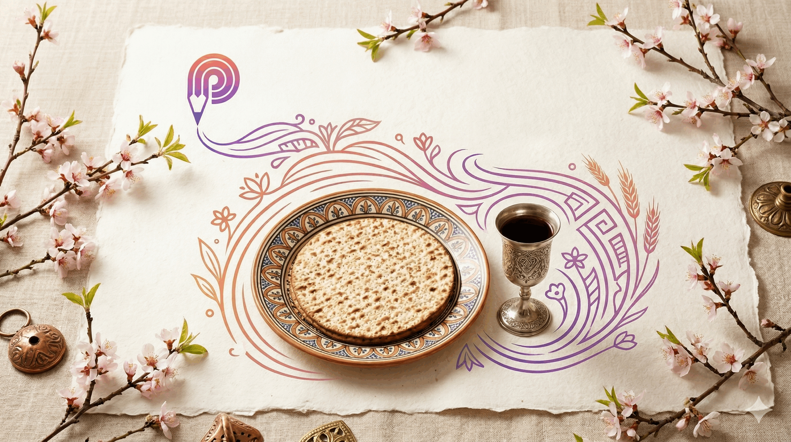 תמונת אווירה לפסח על רקע נייר קלף בהיר. במרכז מונחת מצה על צלחת מעוטרת, ולצידה גביע כסף עם יין אדום. את הקומפוזיציה ממסגרים ענפי פריחה אביבית ורודה. מהלוגו של Chapter, המעוצב כקצה של עיפרון, יוצאים קווי איור זורמים בגווני סגול וכתום העוטפים באלגנטיות את סמלי החג. נוצר על ידי ai