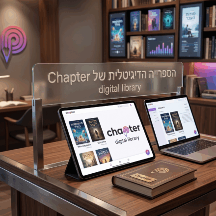הספרייה הדיגיטלית של Chapter הדמיה שיווקית של הספרייה הדיגיטלית באתר Chapter: טאבלט ולפטופ המציגים כריכות ספרים מעוצבות ורשימת פרקים על שולחן עבודה מודרני, עם לוגו Chapter וטקסט בעברית 'הספרייה הדיגיטלית של Chapter' על רקע ספריית ספרים יוקרתית