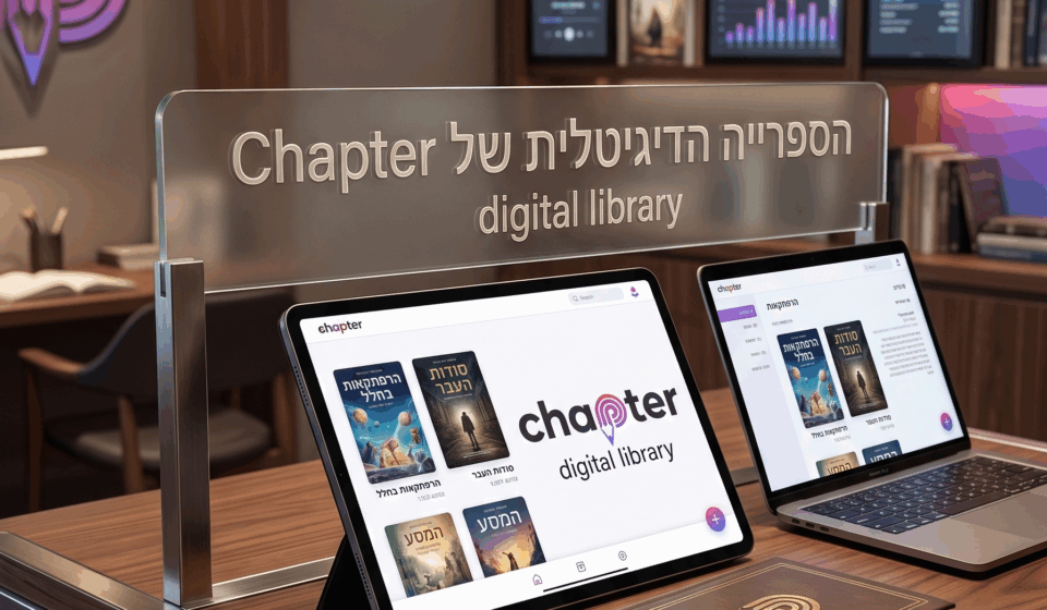 הדמיה שיווקית של הספרייה הדיגיטלית באתר Chapter: טאבלט ולפטופ המציגים כריכות ספרים מעוצבות ורשימת פרקים על שולחן עבודה מודרני, עם לוגו Chapter וטקסט בעברית 'הספרייה הדיגיטלית של Chapter' על רקע ספריית ספרים יוקרתית