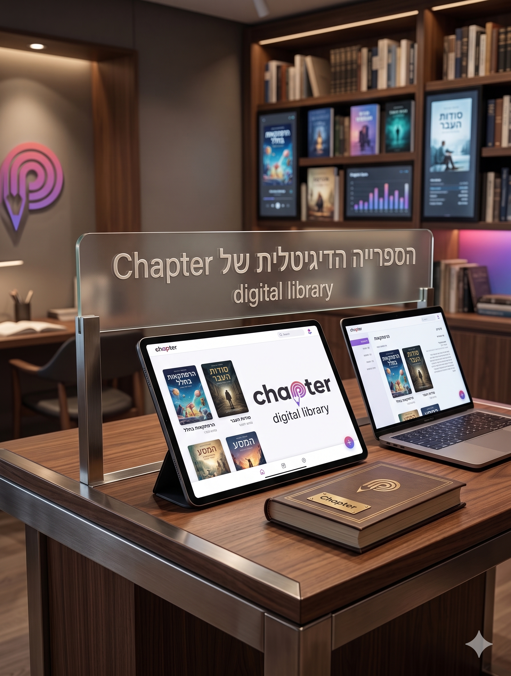 הדמיה שיווקית של הספרייה הדיגיטלית באתר Chapter: טאבלט ולפטופ המציגים כריכות ספרים מעוצבות ורשימת פרקים על שולחן עבודה מודרני, עם לוגו Chapter וטקסט בעברית 'הספרייה הדיגיטלית של Chapter' על רקע ספריית ספרים יוקרתית
