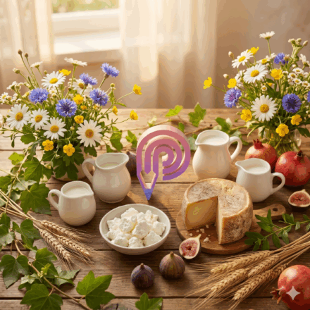חג שבועות שמח לקהילת Chapter! 🌾 תמונת רקע לפוסט של חג שבועות שמח שיש שם אלמנטים של חג השבועות ולוגו אייקון של צ׳אפטר