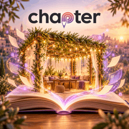 תמונה של סוכה בוקעת מתוך ספר עם הלוגו של CHAPTER